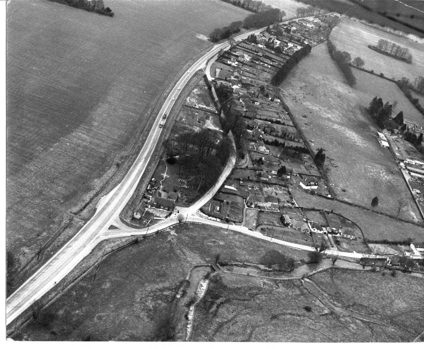 Poplar Farm Inn and Salisbury Road, arial view c1967