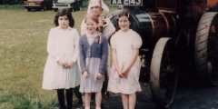 Girls and traction engine at school's 150th 1981