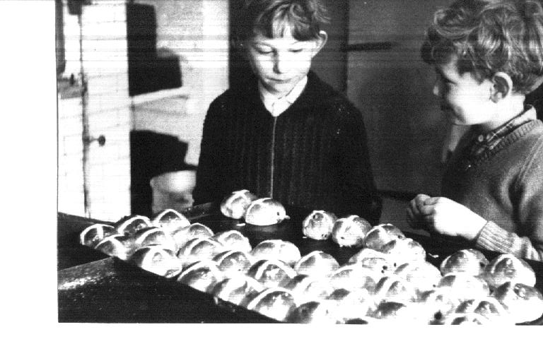 Peter Chapman, Jonathan Scase at the bakery, Easter 1961