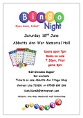 Bingo Night on Saturday 18th June at the War Memorial Hall